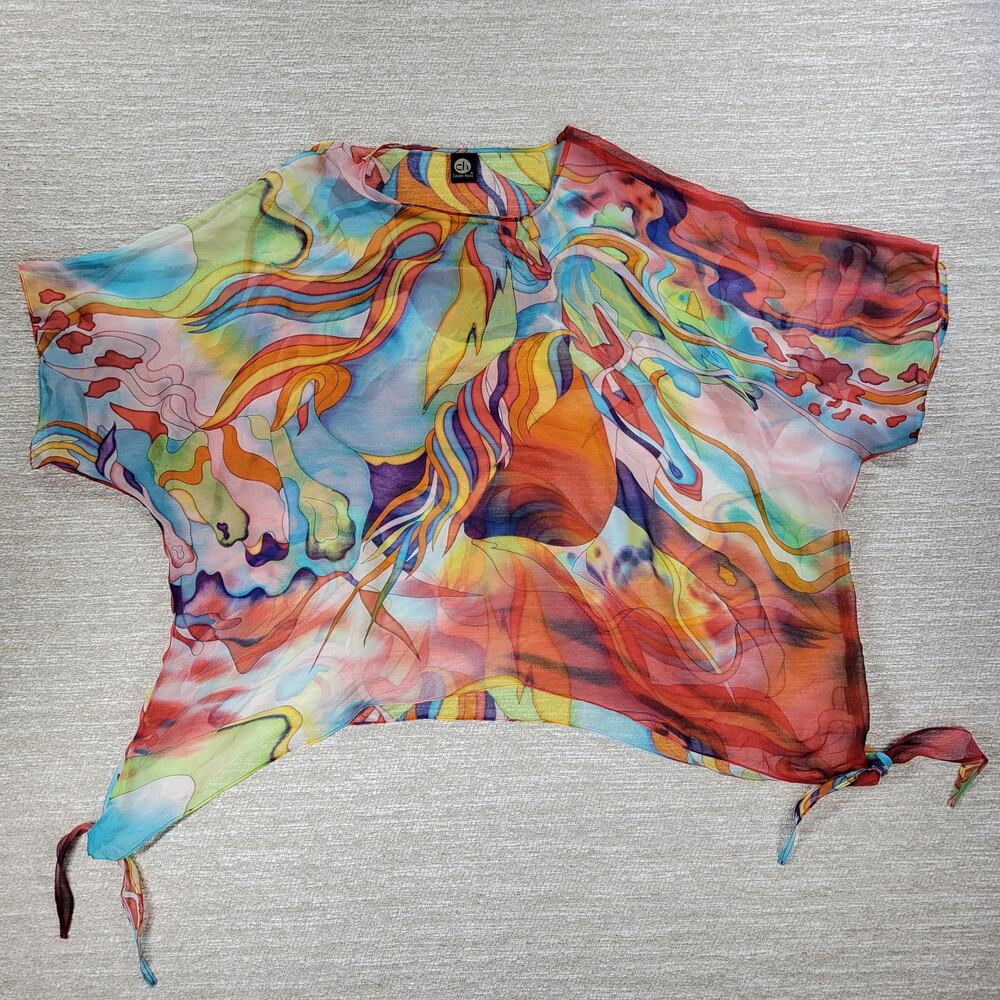 Cocoon House Kimono Silk Top Womens S/M Watercolor Swirl Side Tie Art To Wear